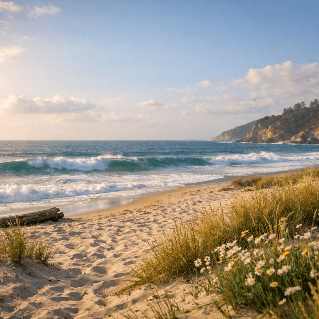 A quaint house surrounded by colorful flowers under a soft, muted sky with distant trees in the background.