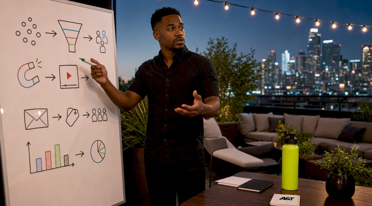 Man explaining content marketing with whiteboard