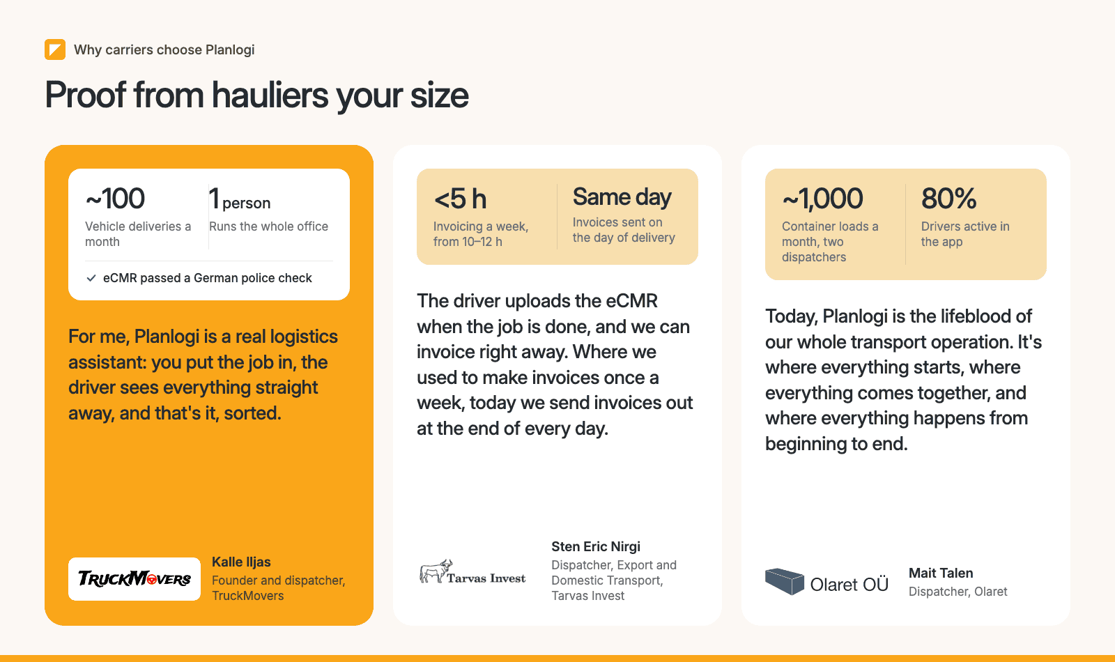 Planlogi customer results: TruckMovers, Tarvas Invest and Olaret time savings and eCMR proof