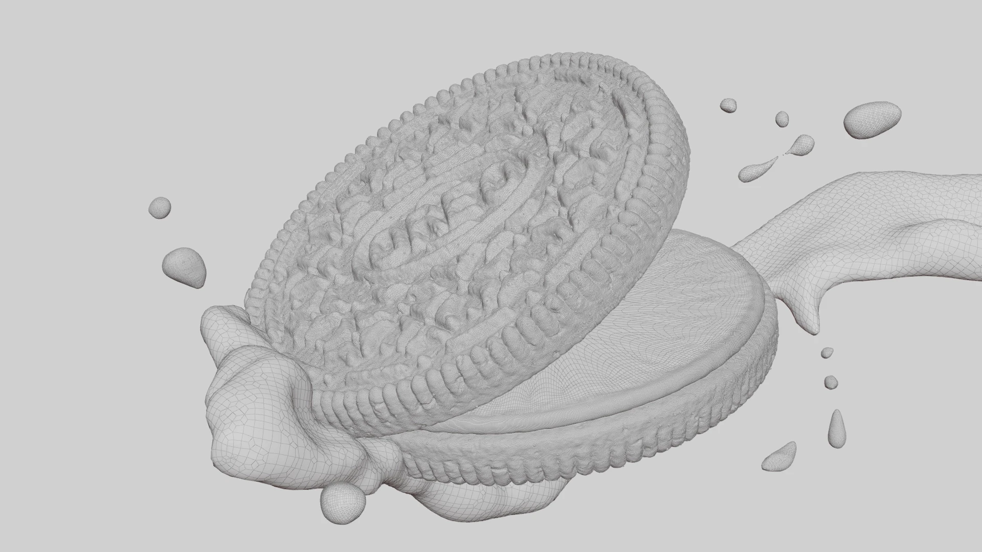 3D wireframe view of an Oreo cookie and milk splash, showcasing the complex polygonal mesh and digital modeling structure.