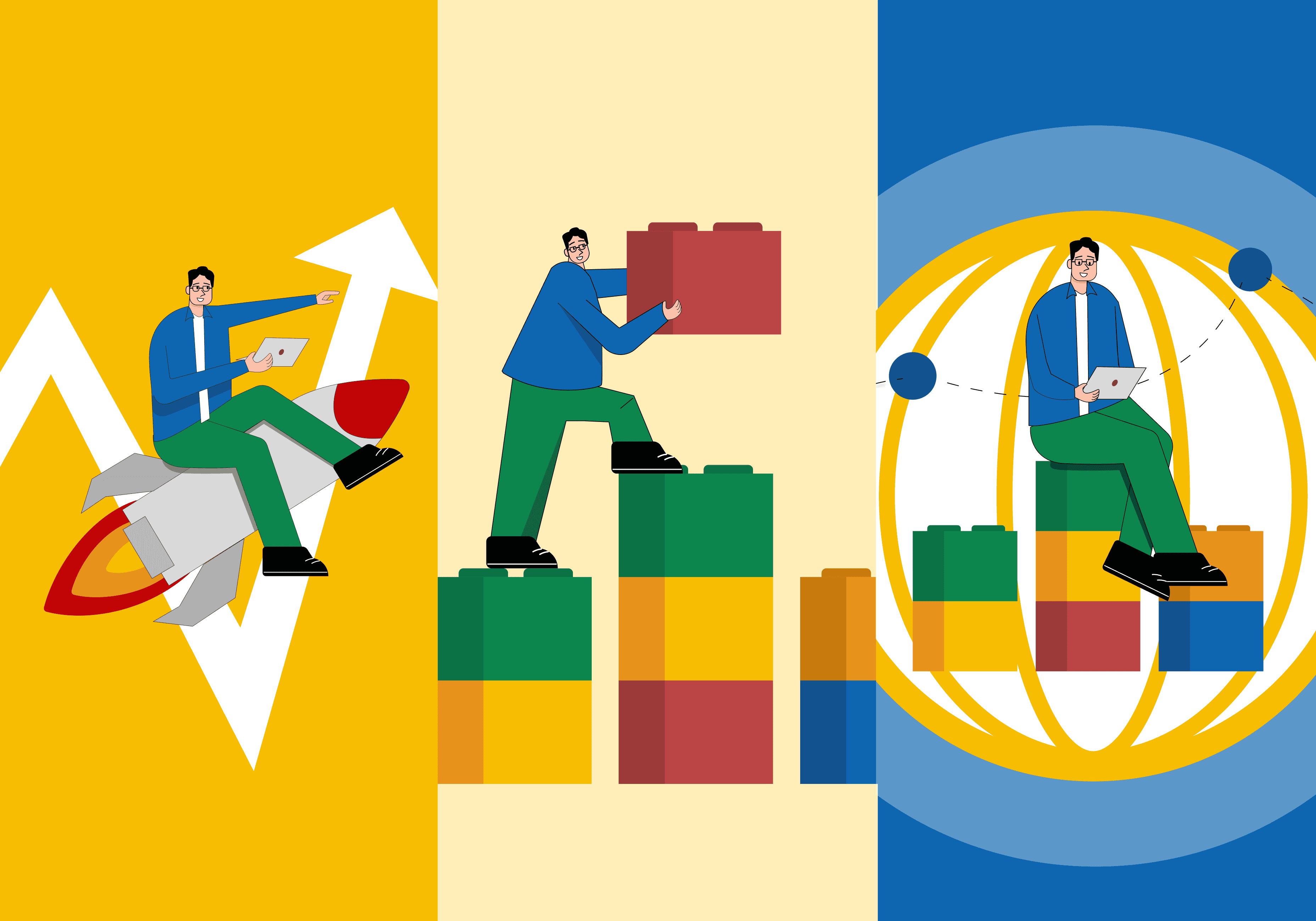 Illustration representing B2B marketing strategies tailored to different company sizes, showing growth, scaling, and enterprise structure.