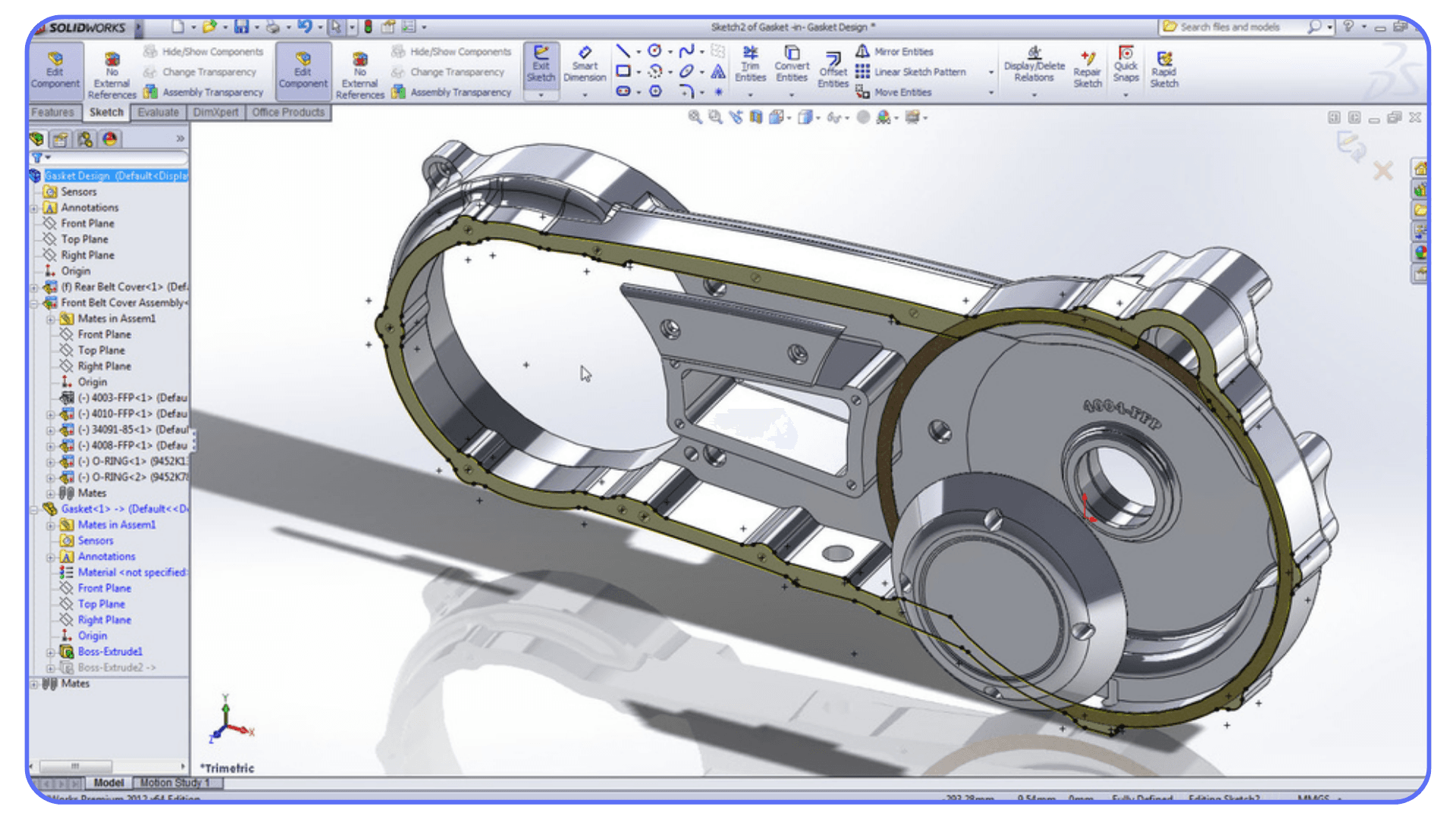 SolidWorks assembly workspace showing a mechanical belt cover design with active components and feature tree.