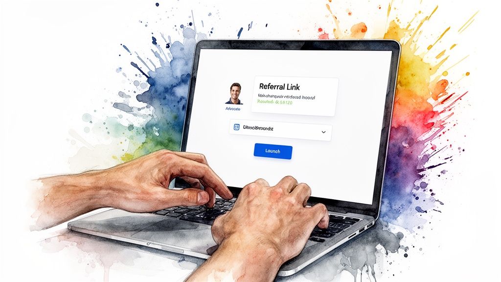 Hands typing on a laptop showing a referral link form with a profile image and 'Launch' button, against colorful watercolor background.