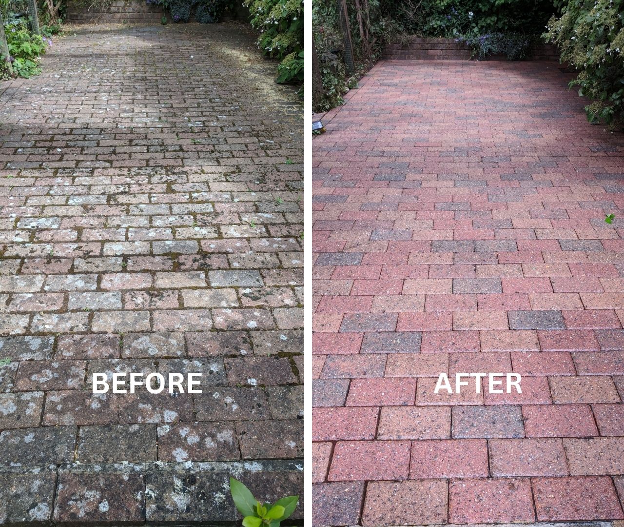 Before and after pressure washing of a residential patio area