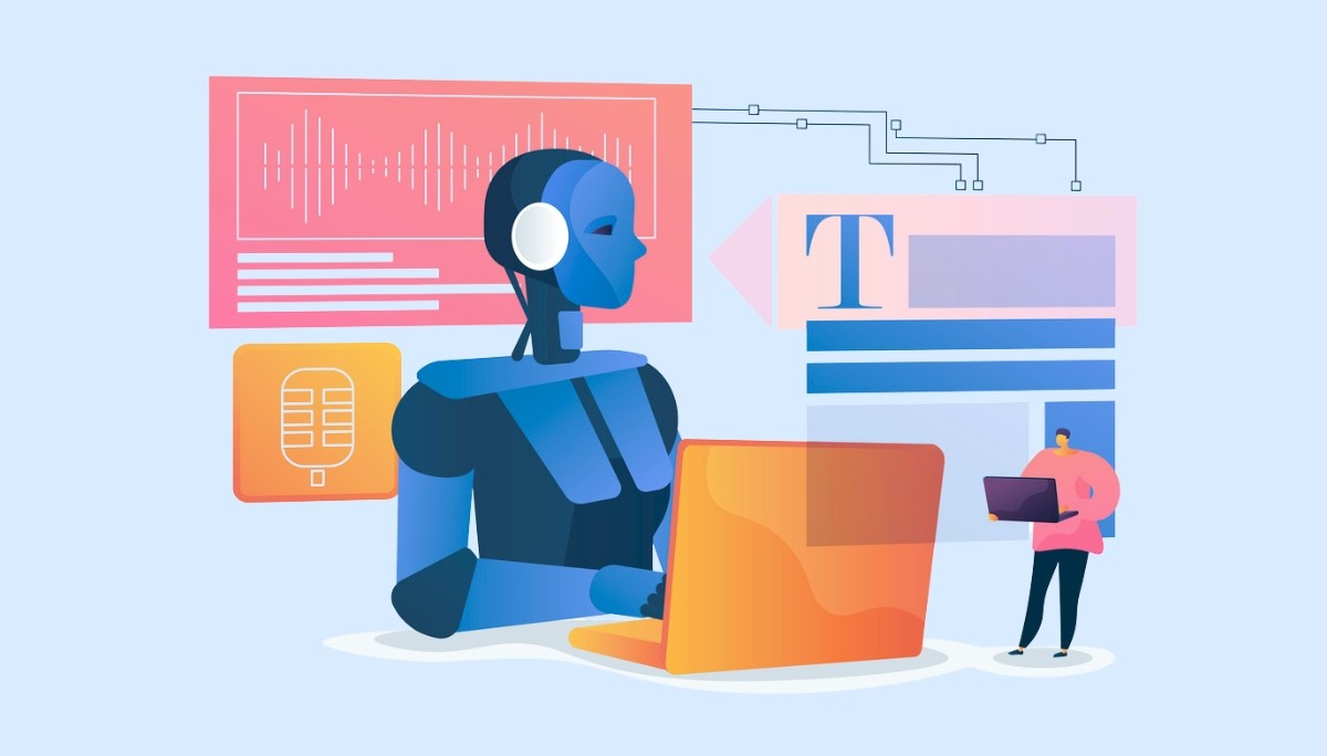 Illustration of a humanoid robot wearing a headset and interacting with a laptop, surrounded by audio waveforms, text formatting icons, and flowcharts.