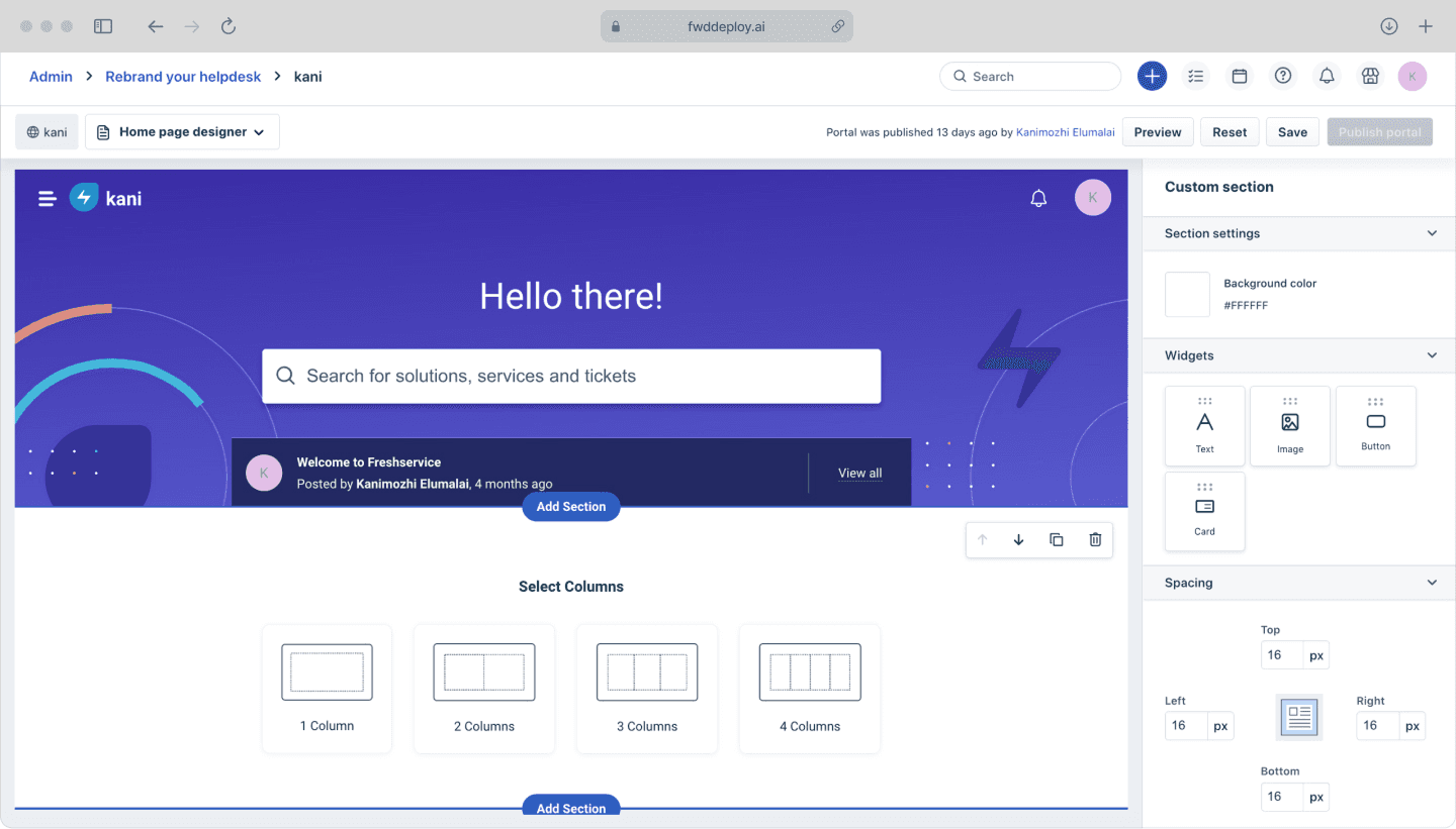 Freshservice drag-and-drop Freddy AI chatbot builder showing conversation flow design with nodes for questions, responses, and actions