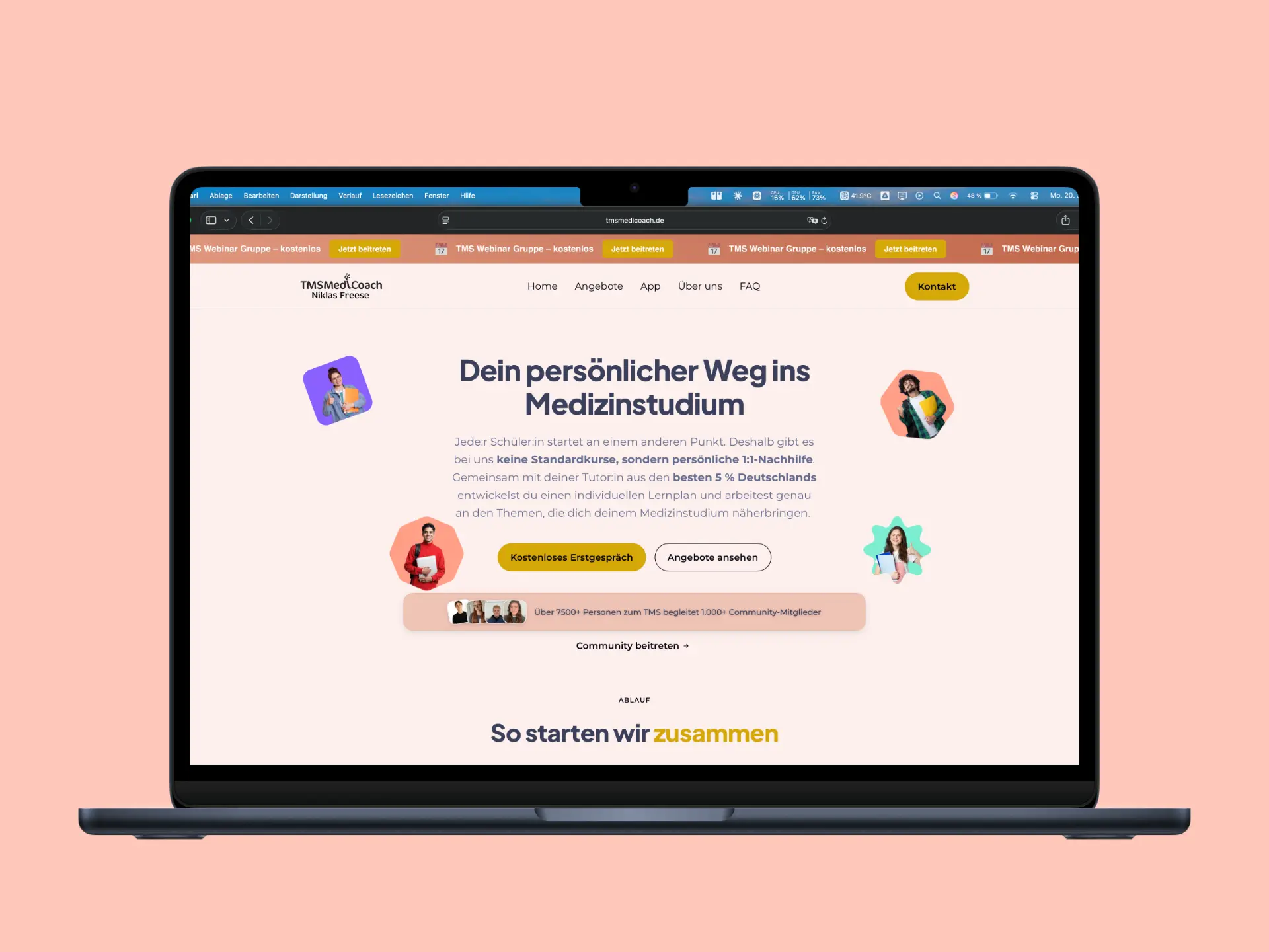 Laptop Mockup der TMS Medicoach Seite