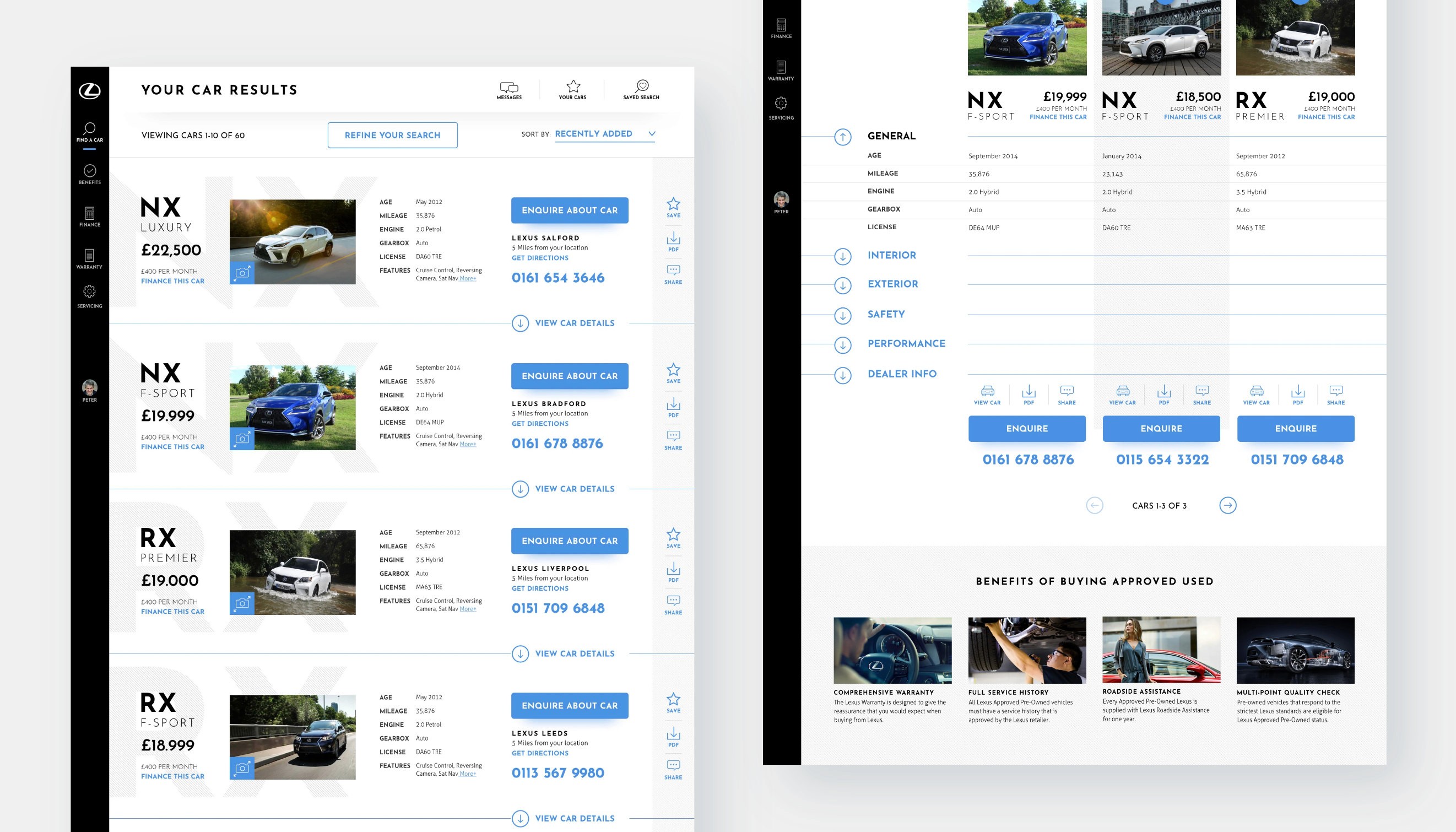 Car results and saved cars concepts for Lexus pre-owned car search website