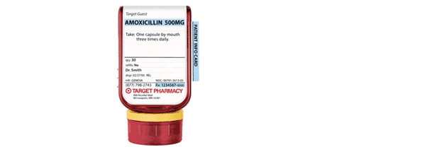 a medicine bottle of clear RX from Target designed by Deborah Adler