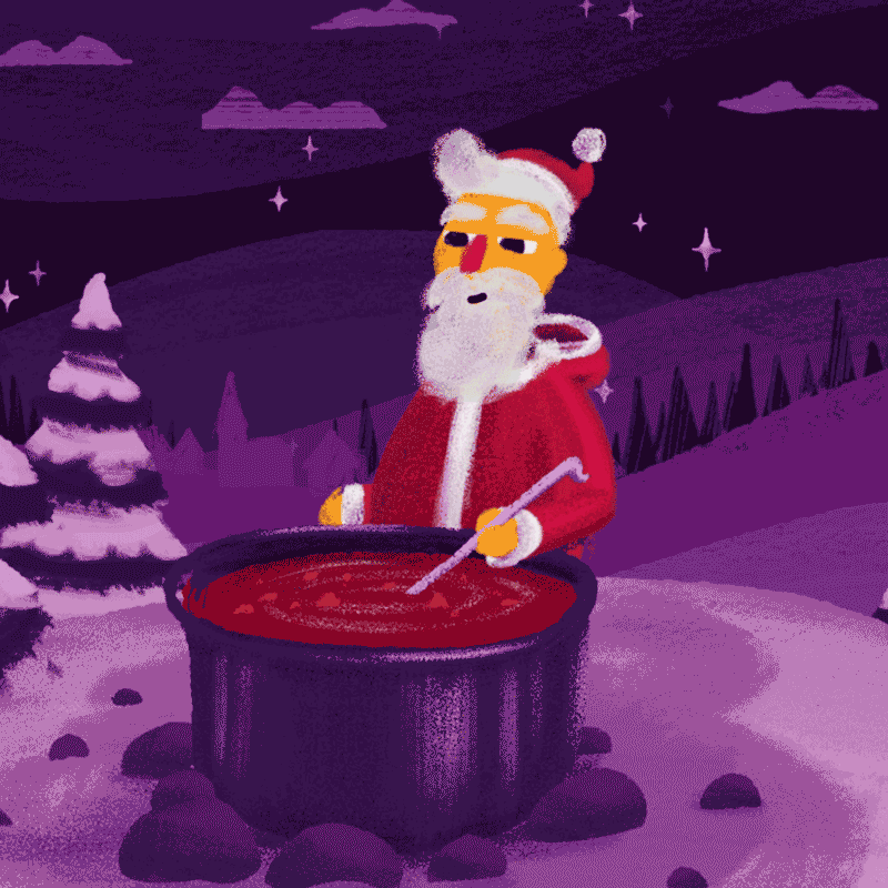 Christmas animation where Santa is cooking a Stew or soup in the forest.