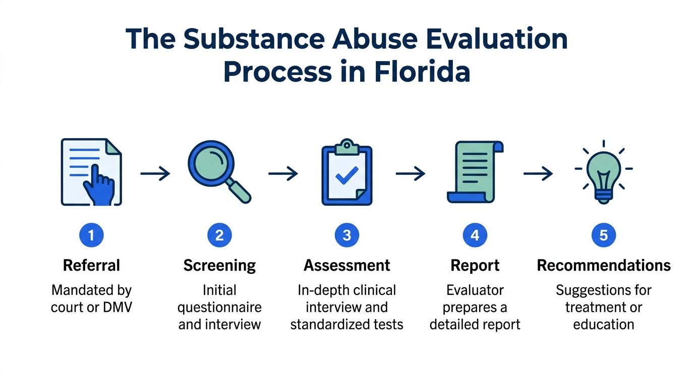 A flowchart showing the five steps of the substance abuse evaluation process in Florida.