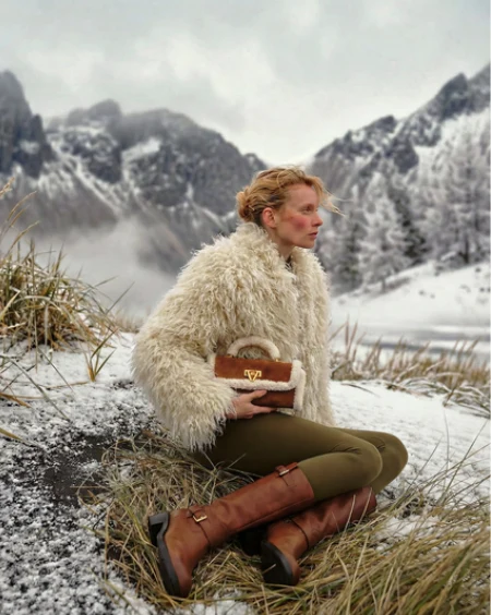 Vone handbag styled with a model in an alpine landscape