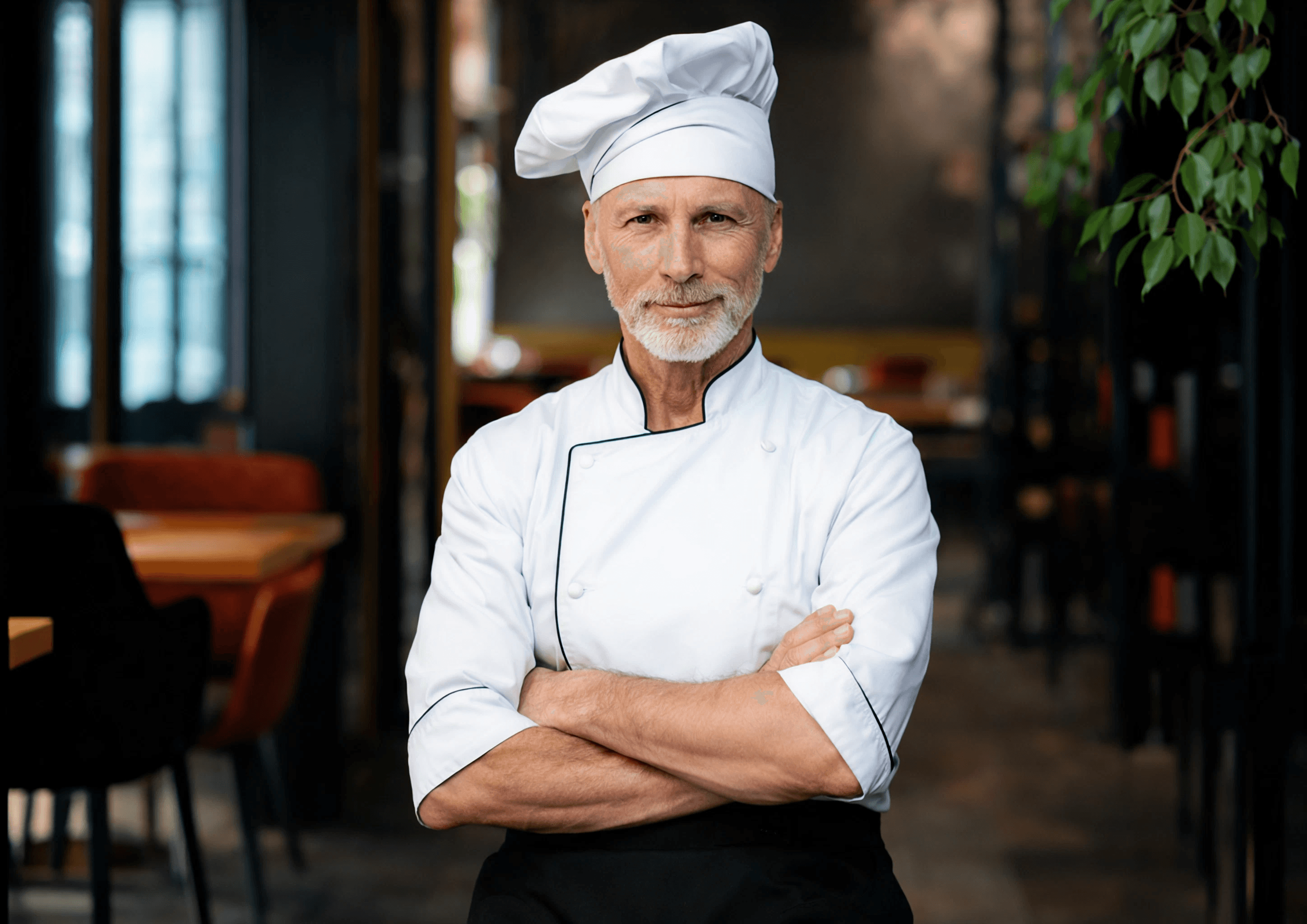 Chef in a white uniform and hat stands confidently with crossed arms in a warmly lit restaurant, conveying expertise and professionalism.