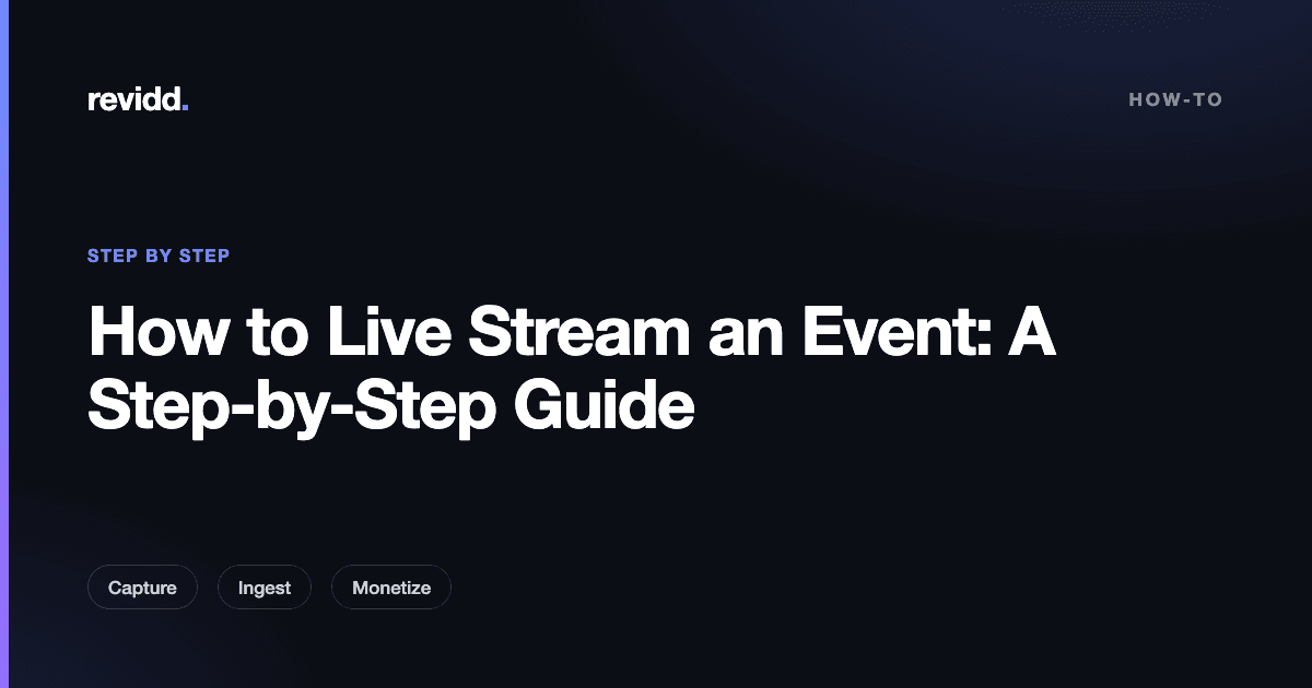 Diagram of a live event streaming workflow from camera and encoder through RTMP or SRT ingest to viewers on every device