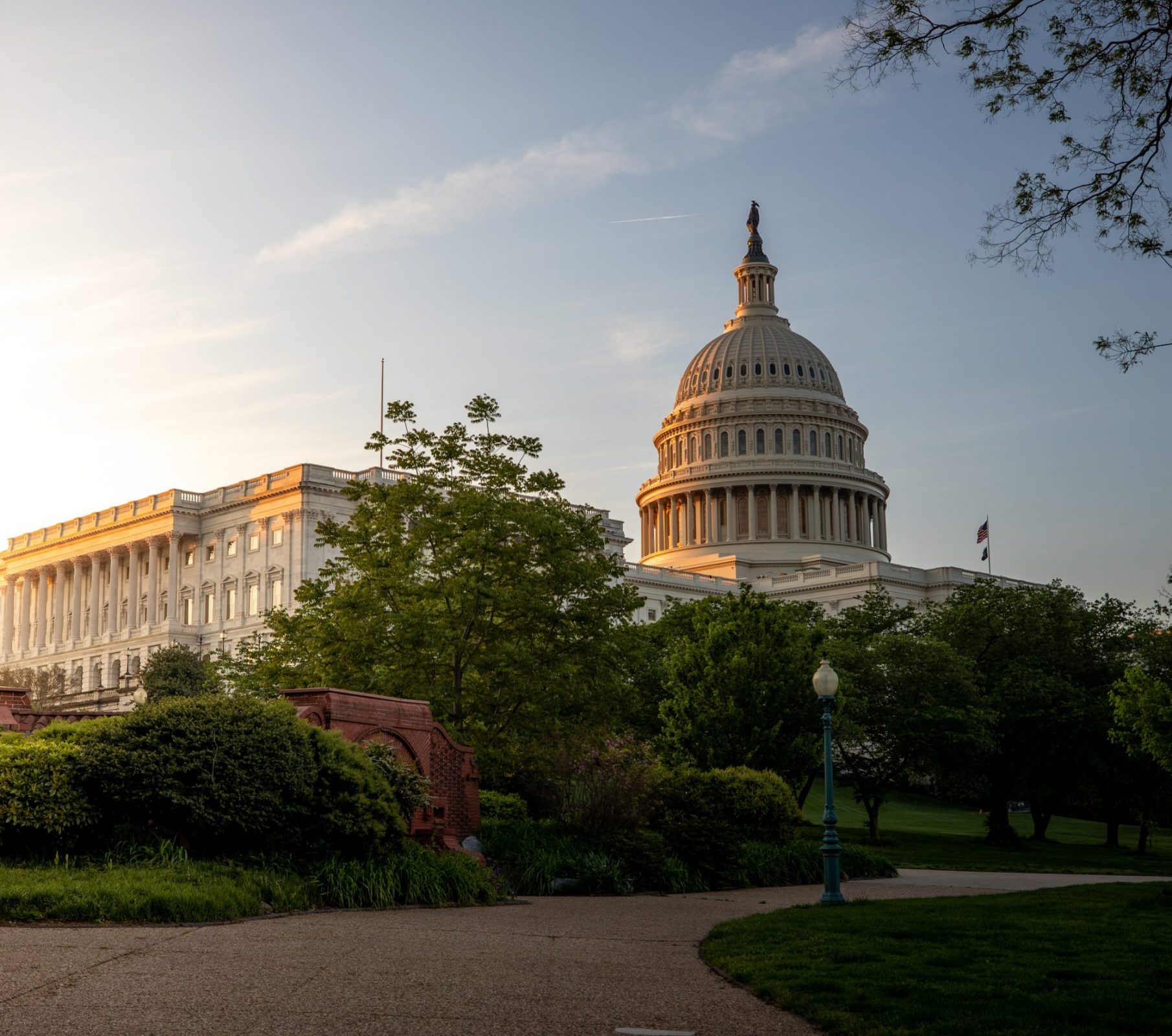 The U.S. Capitol building at sunrise, surrounded by greenery and blue sky.