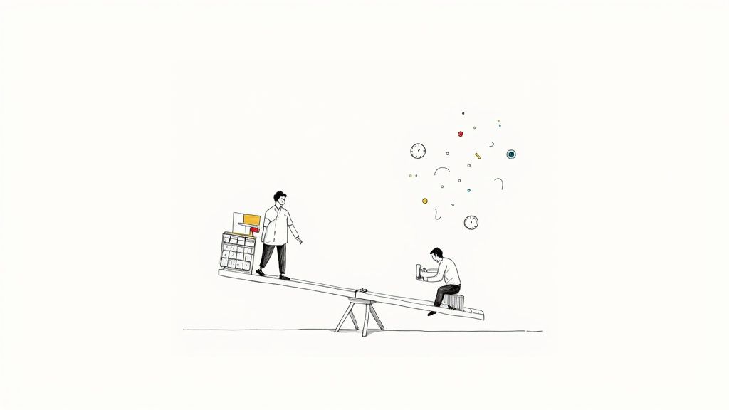 A minimalist illustration shows two men on a seesaw, one with a filing cabinet, the other doing creative work.