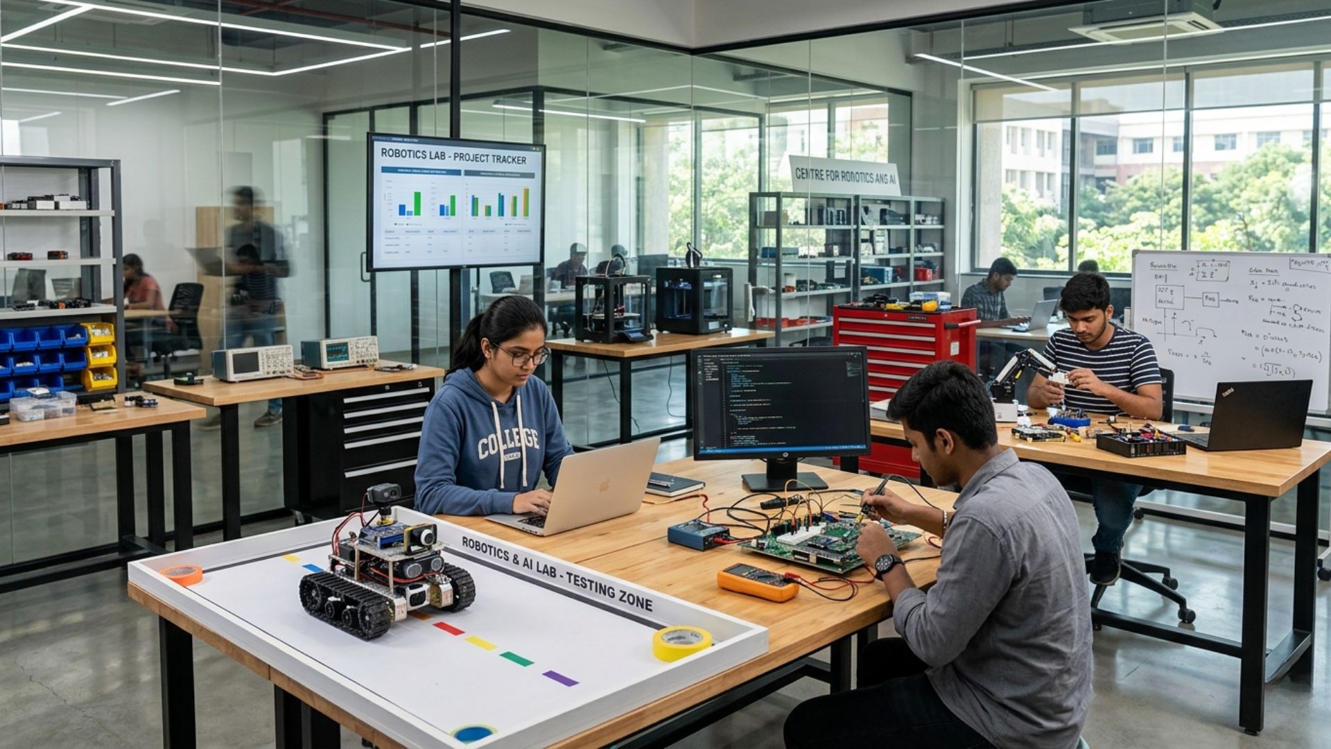 Engineering students building robots in a modern lab at robotics engineering colleges India