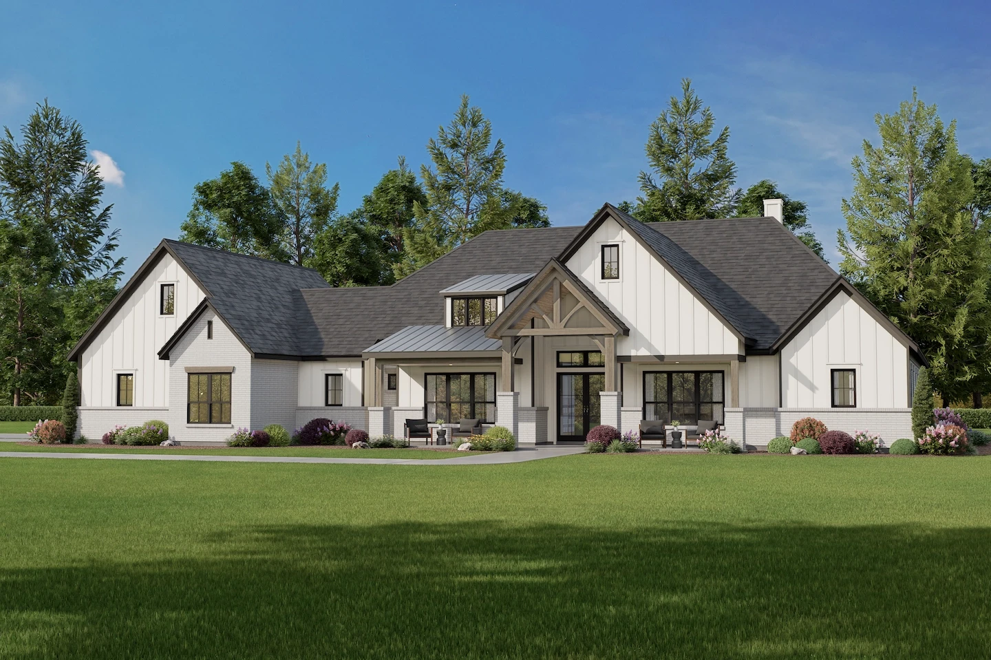 Front façade of a modern farmhouse-style home with gabled roofs, a covered porch, and a landscaped front yard surrounded by trees.