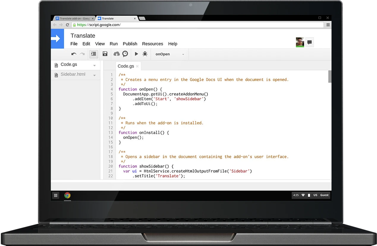 Laptop with Script - Google Apps Script Examples