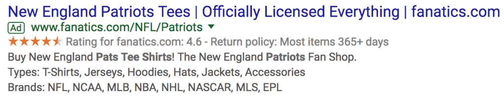 Google search ad for Fanatics promotes New England Patriots tees. Mentions officially licensed gear, 4.6-star rating, and 365+ day return policy. Lists apparel types and brands like NFL, NBA, NHL, and more.