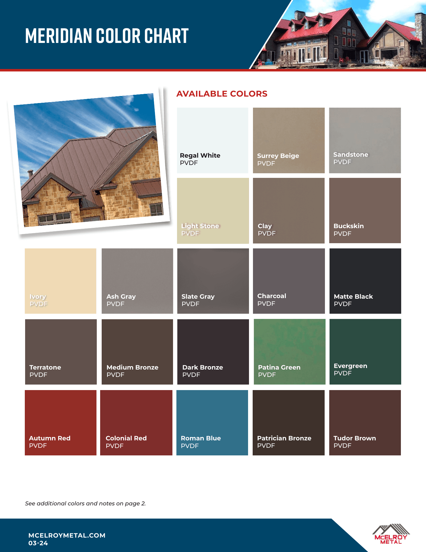 Official Meridian color chart showing PVDF finish colors and metal roof examples