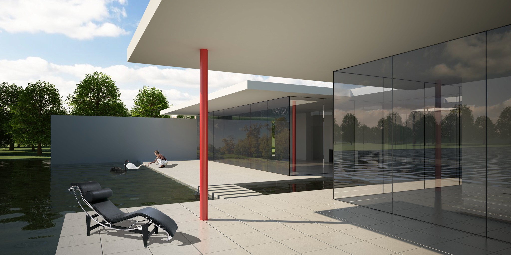 Lake House design detail: Interior-exterior view showcasing the seamless flow between the pavilion's glass walls and the surrounding water elements.