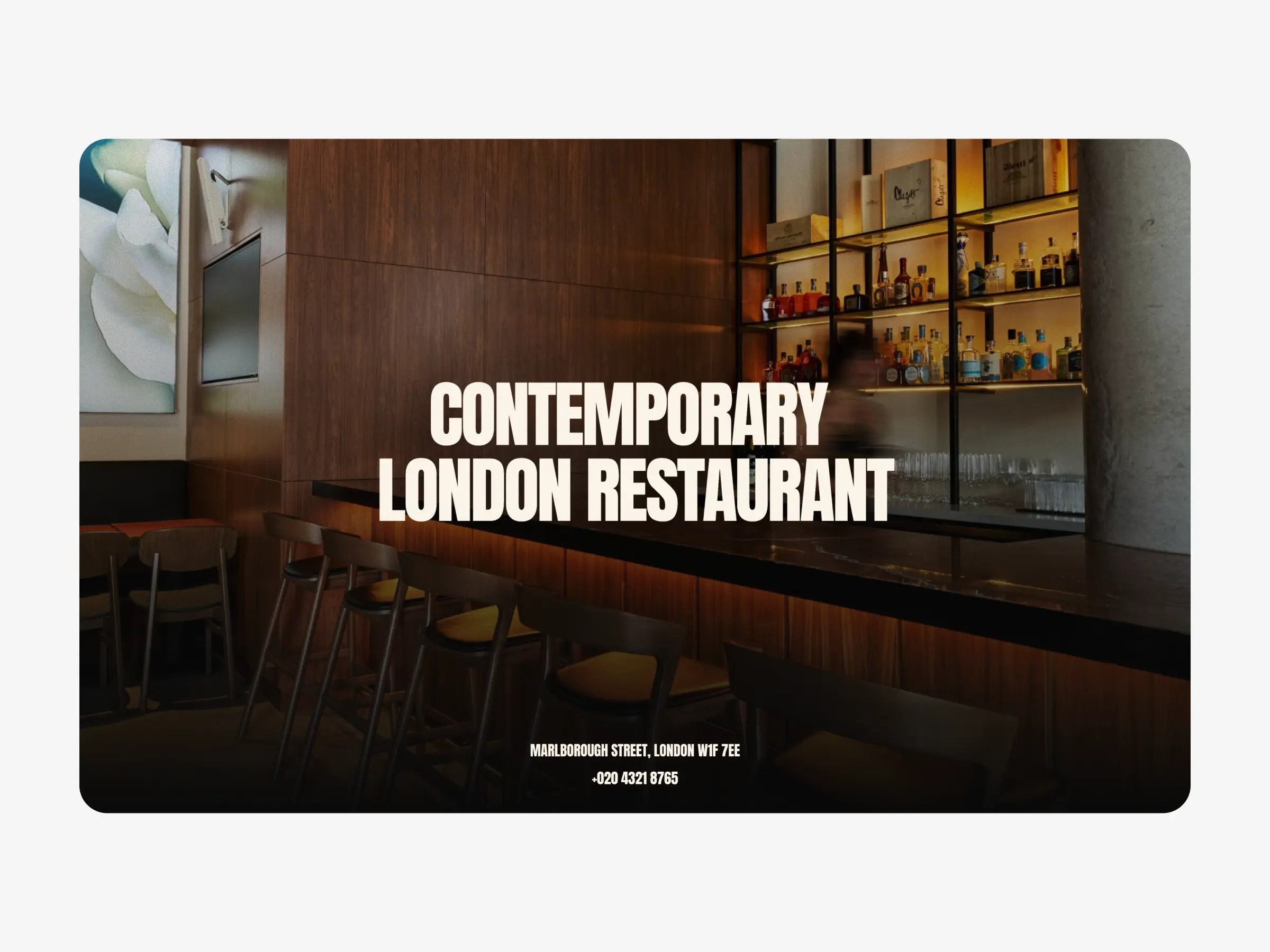 Marlund restaurant website hero section with contemporary interior design, bar seating, wooden walls, and large headline text displayed over the dining space.