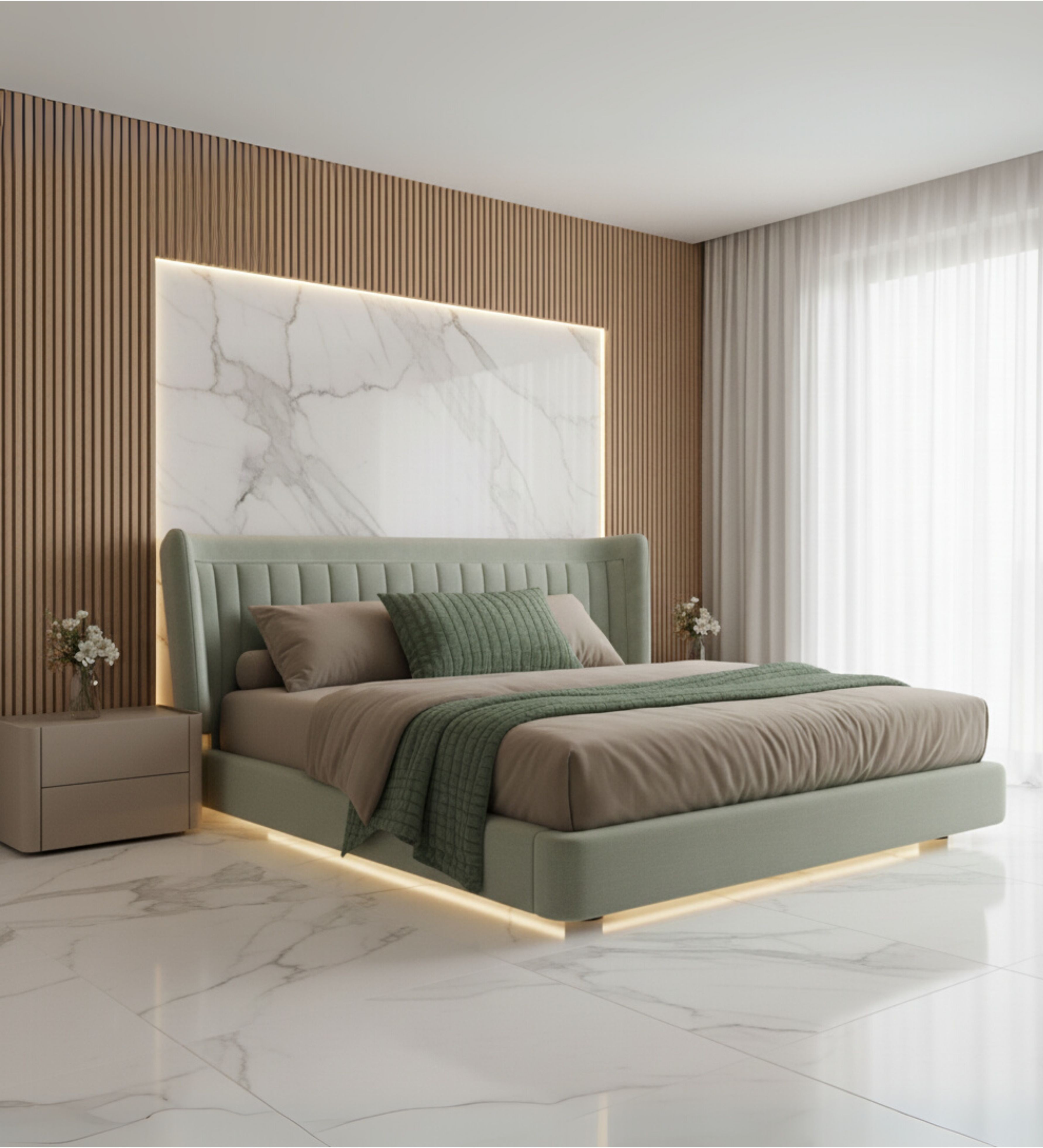 Contemporary bed with extended headboard, subtle piping, and low‑profile base