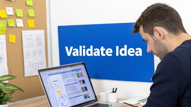 A person works on a laptop at a desk, with a prominent 'Validate Idea' sign in the background.