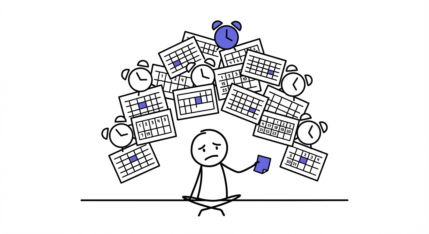 A stick-figure sales representative buried under a mountain of calendar pages and clocks, illustrating the feeling of being overwhelmed by scheduling.