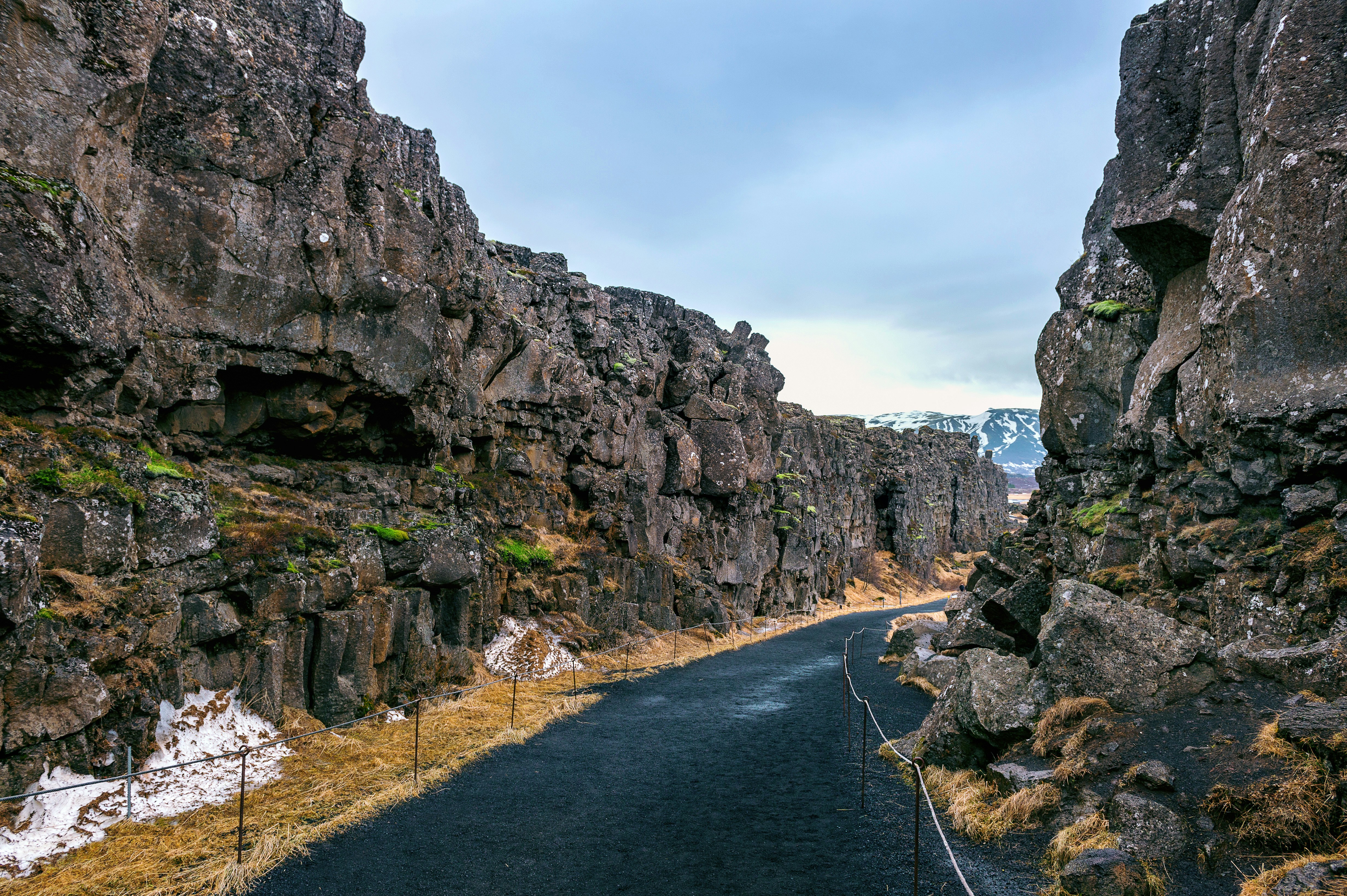 Walking path between tectonic plates at Þingvellir National Park on Iceland’s Golden Circle.