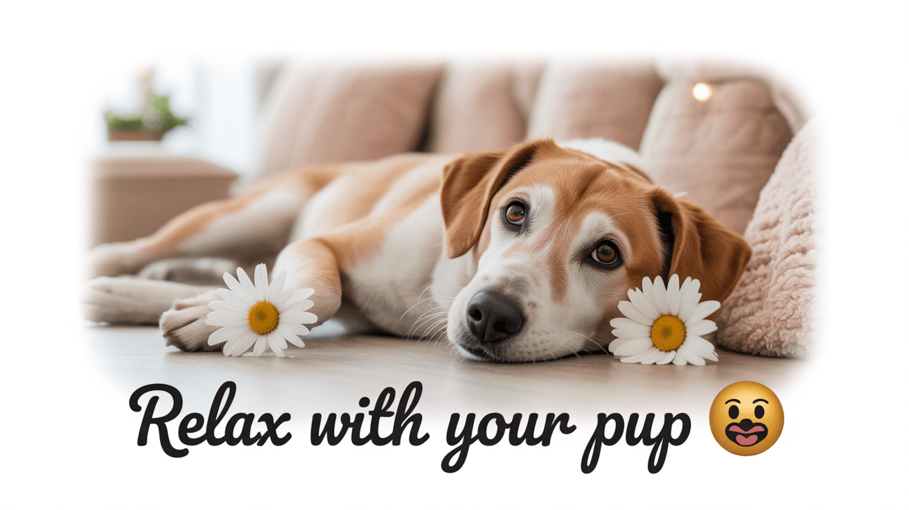 Peaceful dog lying by daisies indoors with Relax with your pup text in a soft vignette