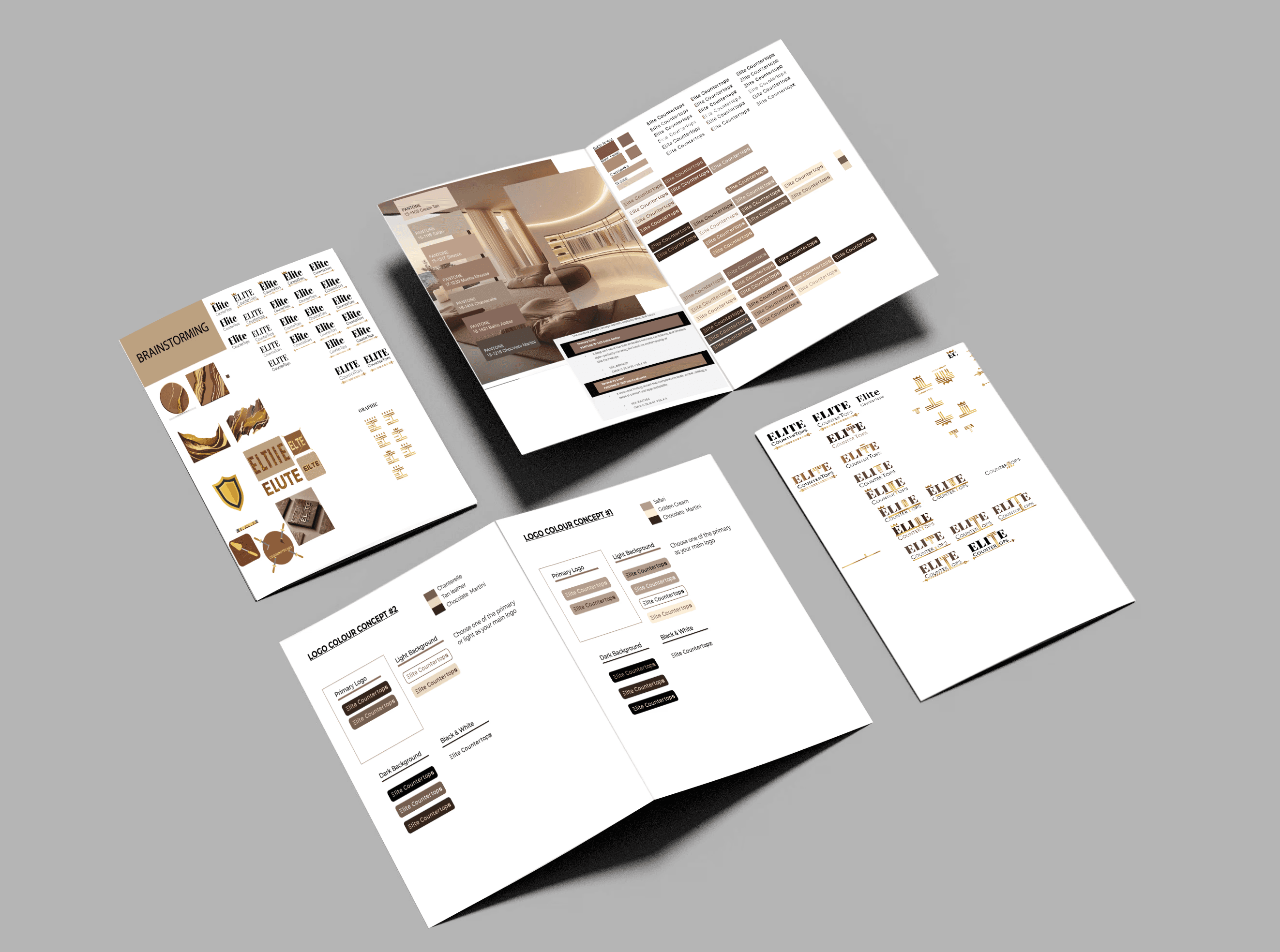Elite Countertops brand brainstorming session with logo concepts and creative collaboration for cohesive visual identity.