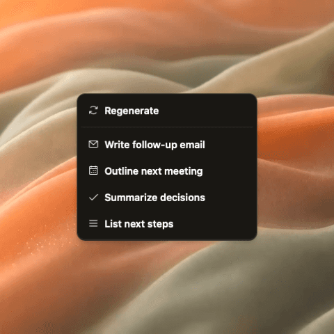 Weeve Chat action menu showing separate options to summarise decisions, list next steps and outline the next meeting.