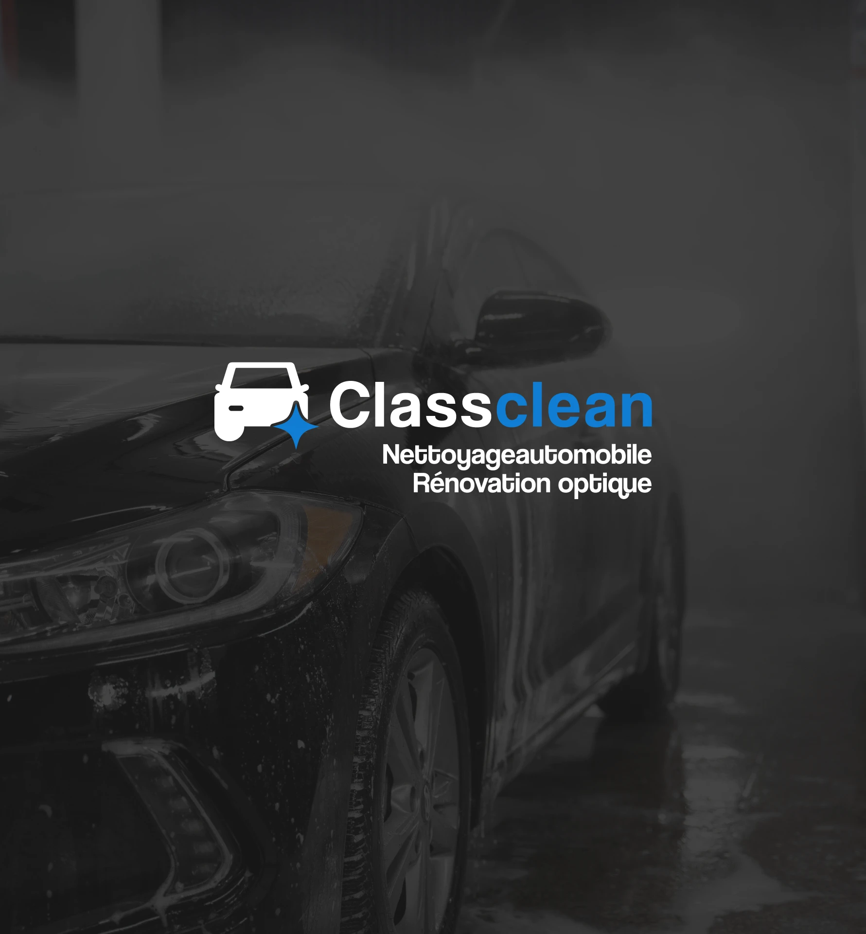 Logo ClassClean superposé sur fond de voiture noire — création d'identité visuelle pour service de nettoyage automobile et rénovation optique, Tartelette Concept