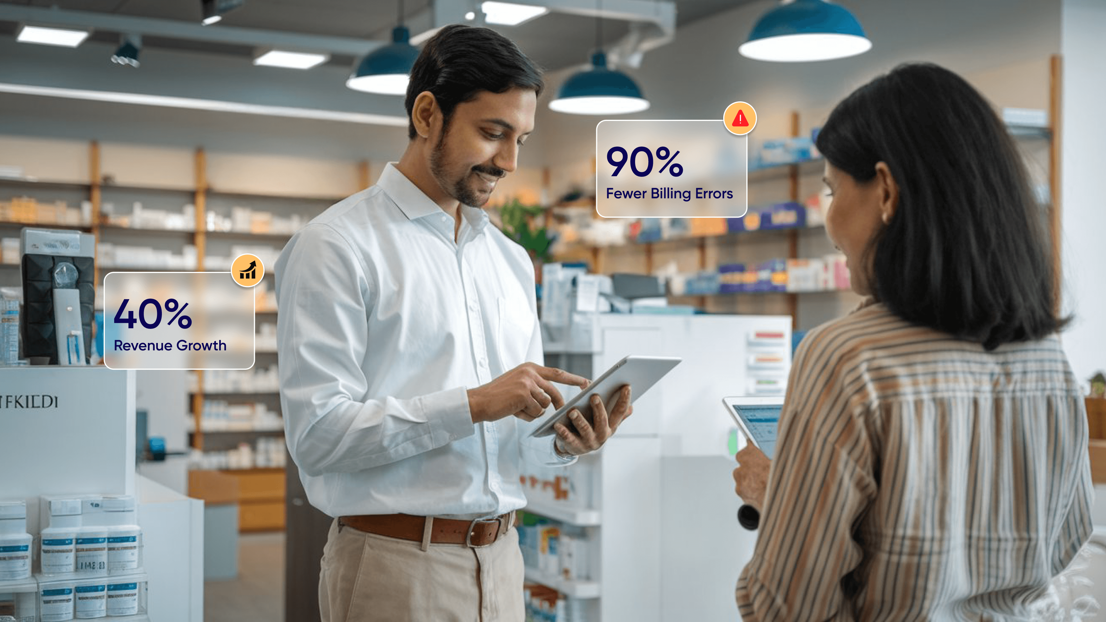 Pharmacist using a tablet to review pharmacy growth metrics, highlighting 40% revenue increase and 90% billing error reduction through SaaS.