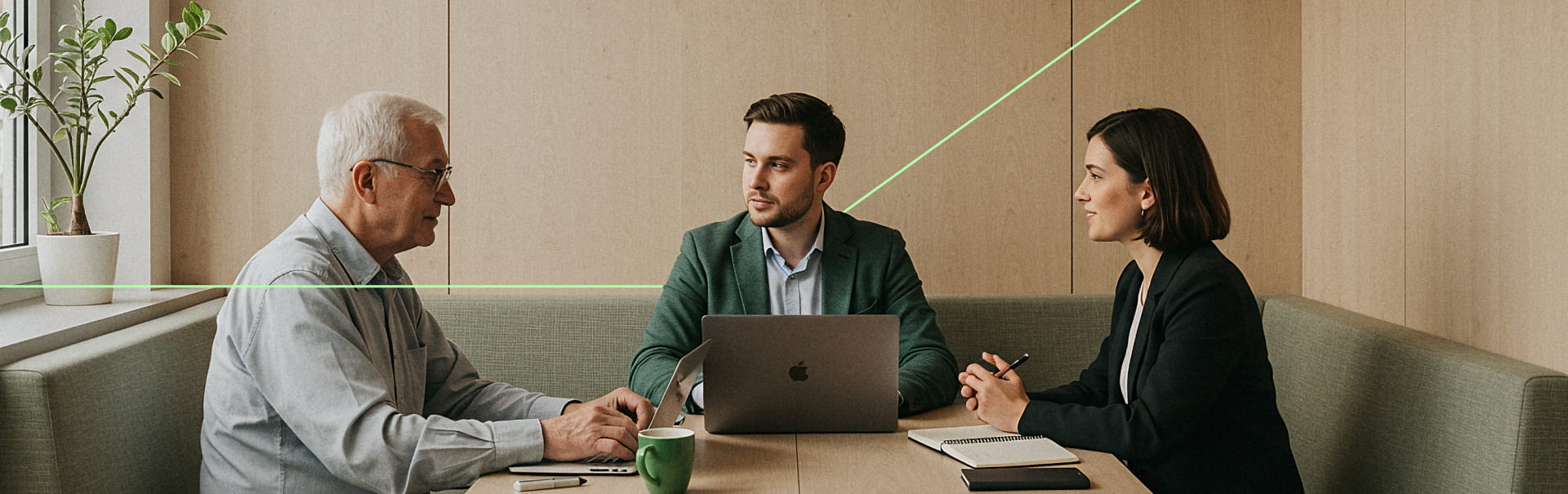 Three business professionals sitting at a table in a modern office, having a meeting. An older man in a gray shirt speaks while a younger man with a laptop and a woman with a notebook listen attentively.