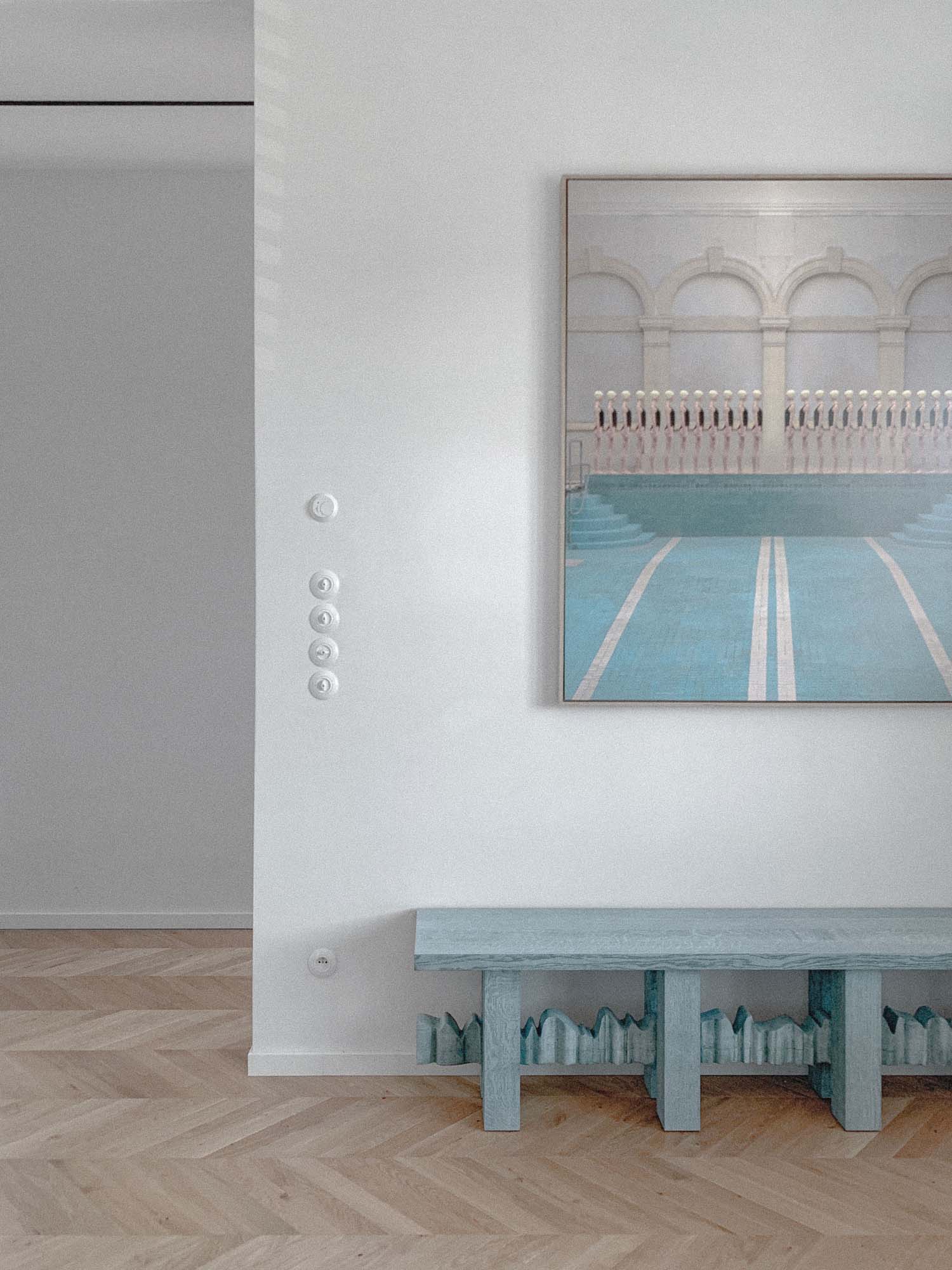 YKB bench integrated into architectural interior emphasizing horizontal structure and balance by Jiri Krejcirik