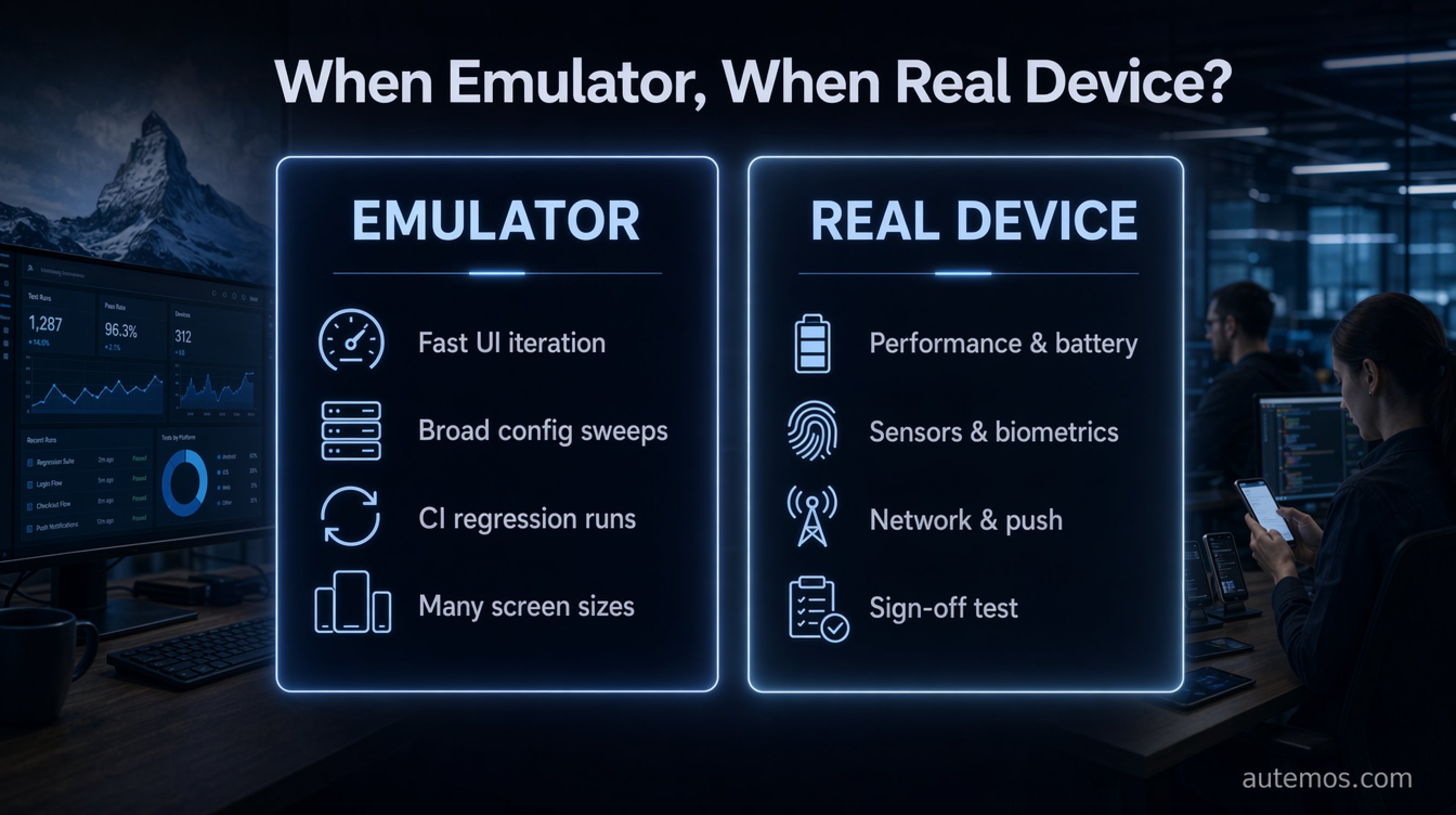 Decision matrix: emulator for fast UI iteration, config sweeps, CI regression and many screen sizes; real device for performance, battery, sensors, biometrics, network, push and the sign-off test.