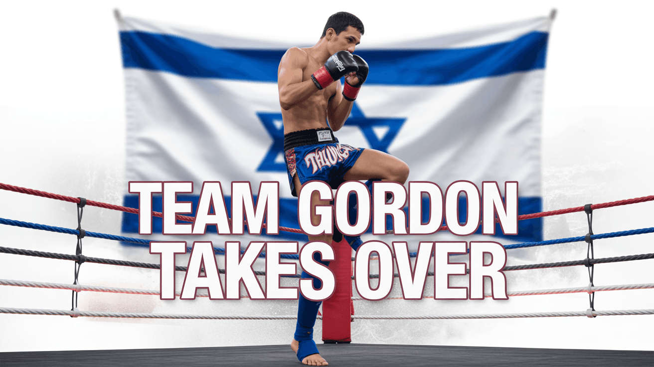 Muay Thai fighter mid-kick in ring with Israeli flag and Team Gordon Takes Over text