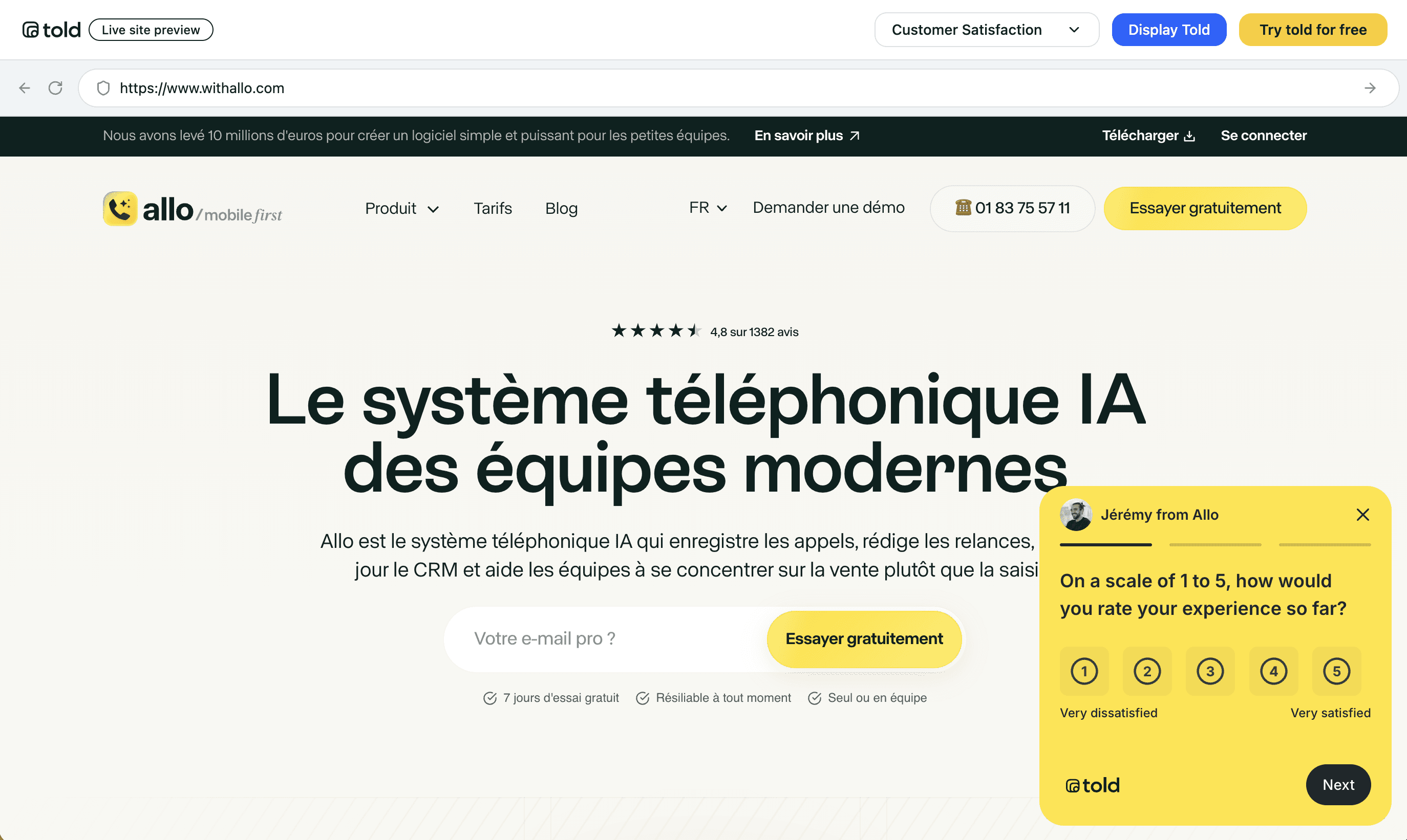 Preview of a Told in-app survey displayed on a website with a customer satisfaction feedback widget.