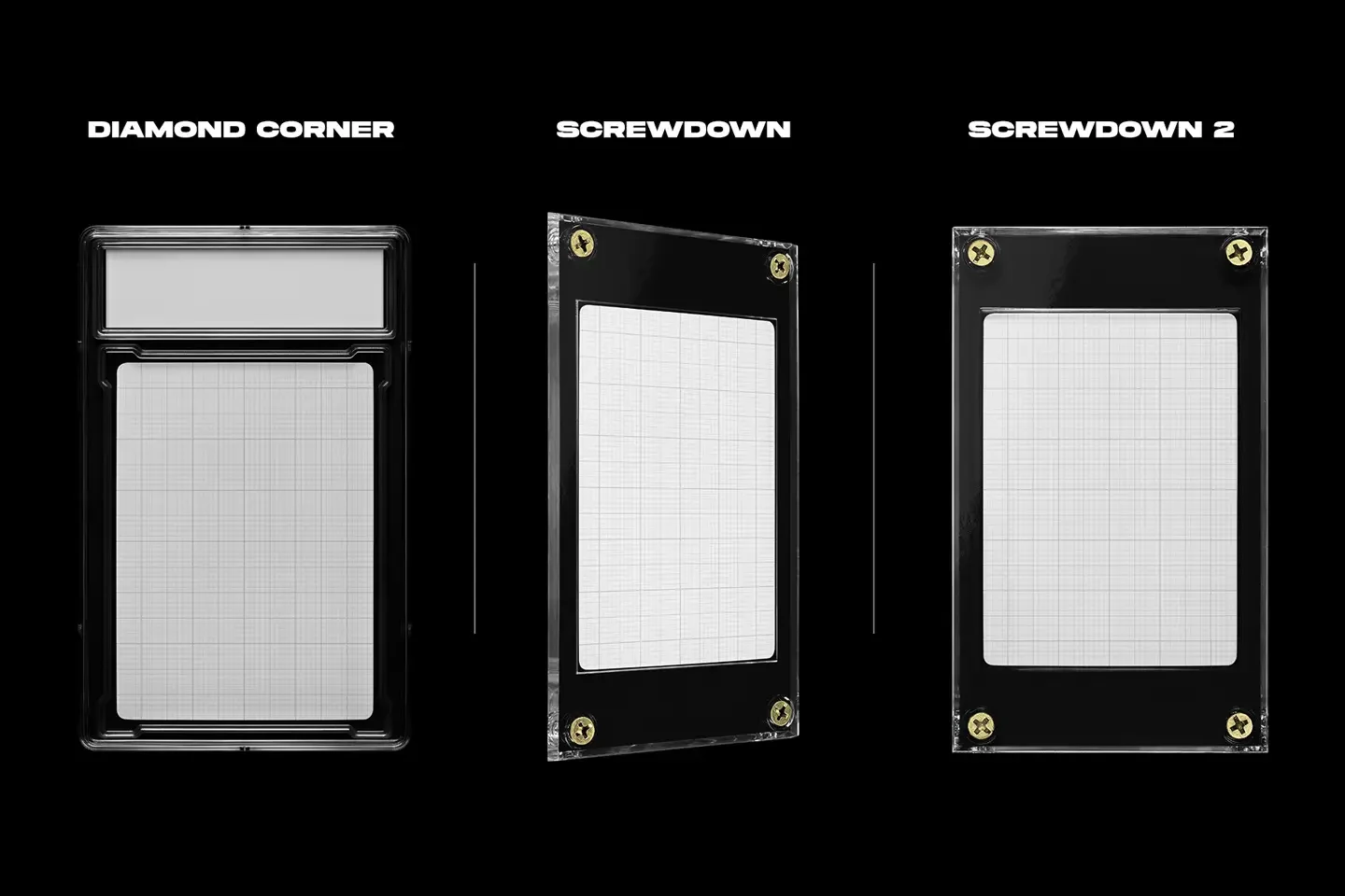 Trading card case mockups diamond corner and screwdown card holder variations