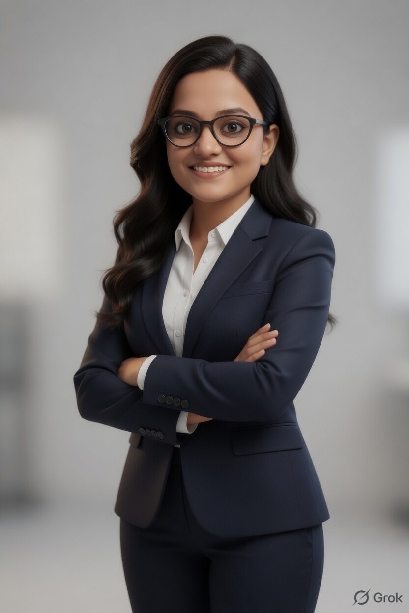 A person in a gray double-breasted suit and black turtleneck stands in warm lighting, facing forward. The expression is serious and composed.