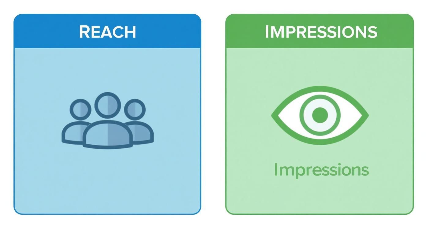Infographic illustrating social media metrics: Reach with a people icon and Impressions with an eye icon.