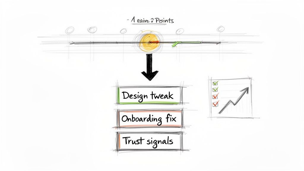 A diagram depicting a user journey decision point, tasks like design, onboarding, trust, and a progress chart.