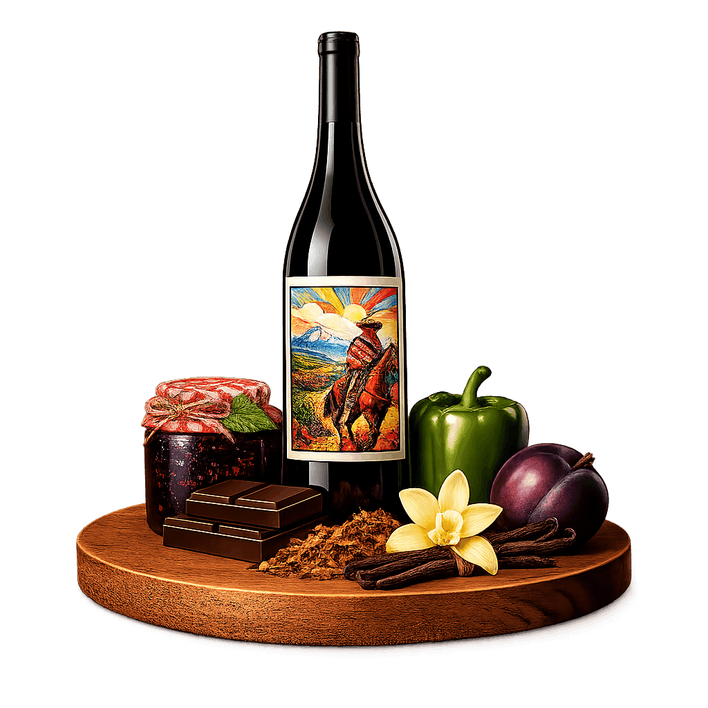 Artistic label and flavor profile for Chilean Colchagua Valley Red on a rustic wooden table.