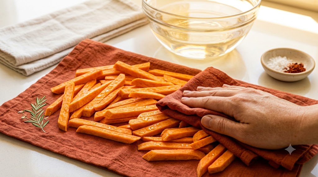 A close-up photograph showing a person's hand patting dry a pile of vibrant orange sweet potato batons on a warm terracotta linen towel with rosemary embroidery. In the background, a large bowl of water and small dishes of salt and paprika flakes are visible on a clean white countertop. Shot with soft, golden light.