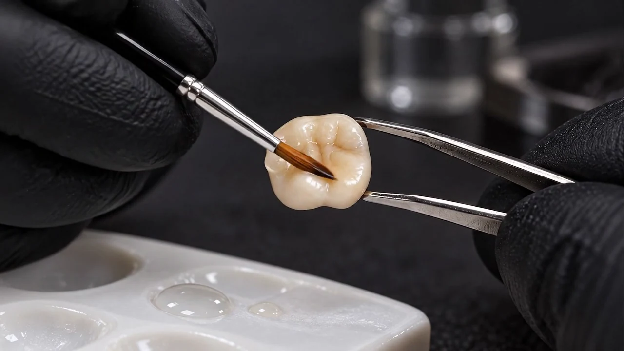 Visualización de un pincel aplicando glaze sobre una corona molar.