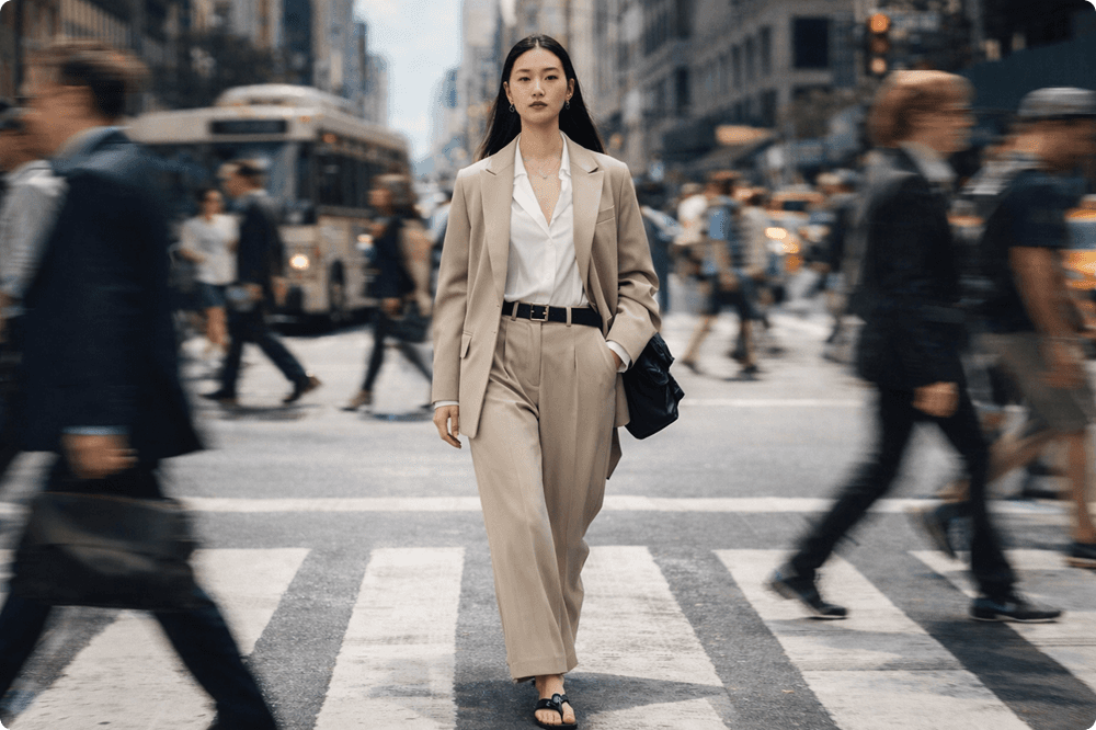 Woman in a beige suit walking confidently across a busy city crosswalk