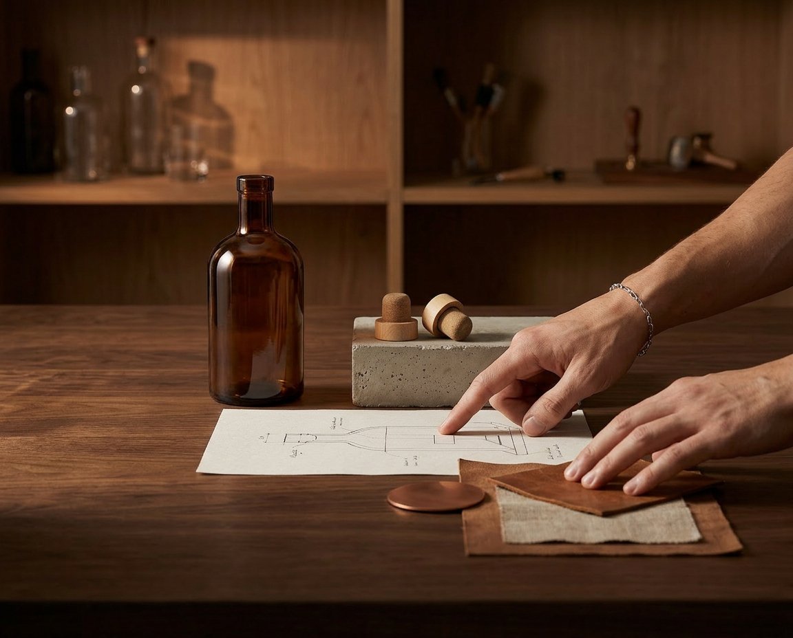 Premium spirits packaging with a bottle, cork stoppers, and a glass of whisky on a wooden surface.